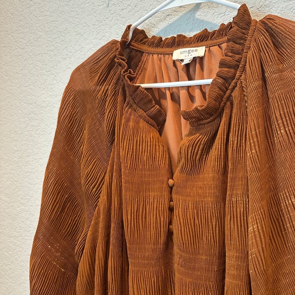 Umgee Copper Brown Metallic Accordion Pleat Boho Blouse - Size L - EUC - Picture 6 of 8